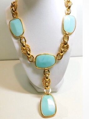 Vintage Jose Barrera Chunky Gold Turquoise-Colored Cabochon Statement Necklace